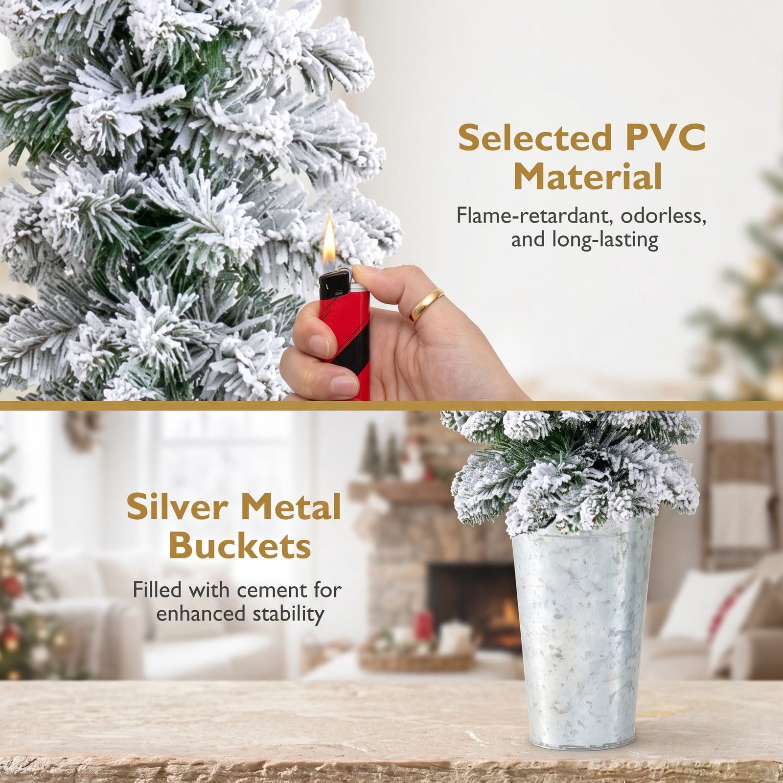 RUIE Set of 3 Pre-Lit Snow Flocked Artificial Christmas Trees, 423 Branch Tips, 230 Warm White LED Lights, PVC Xmas Tree with Metal Stand for Home, Green White Silver