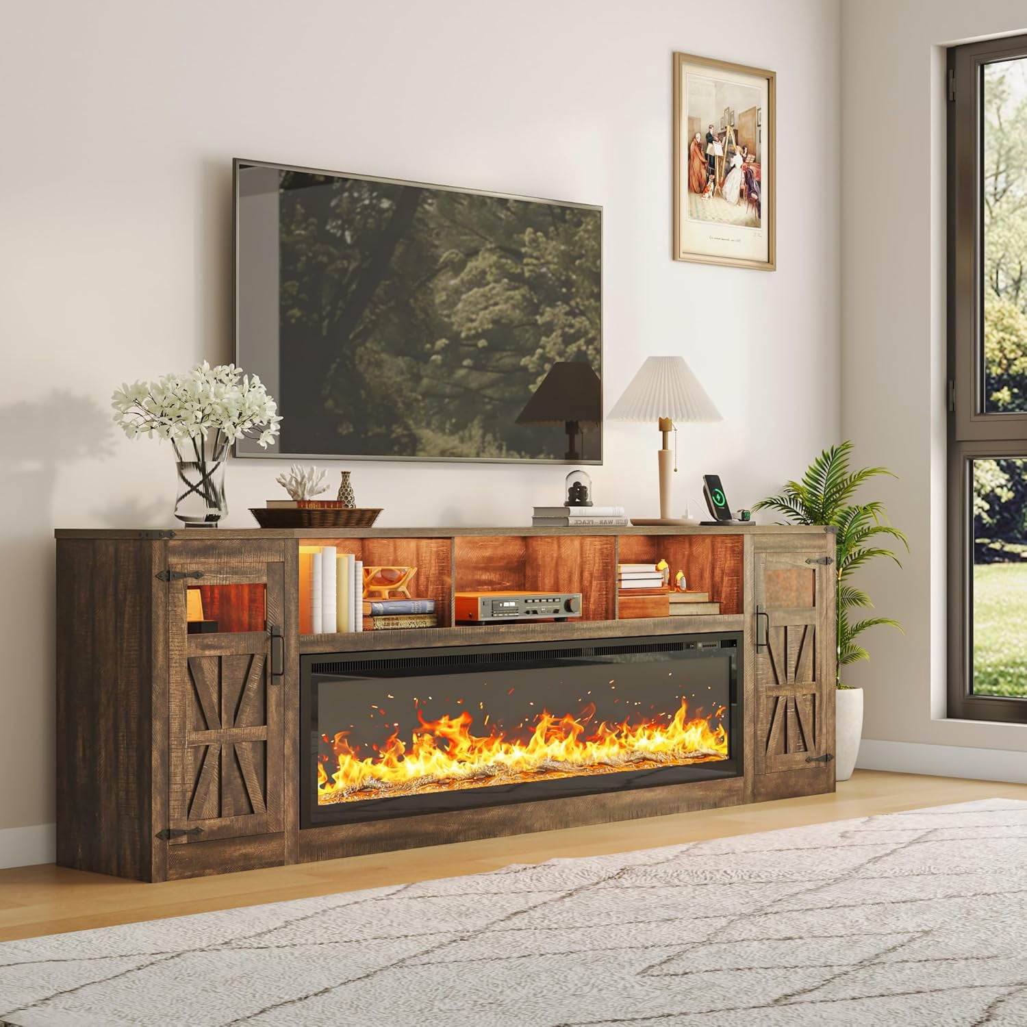 ChVans 95" Farmhouse Fireplace TV Stand for 90/100"TV with 60'' Electric Fireplace, LED Large Entertainment Center with Lights & Power Outlets & 2 Barn Doors Storage Cabinet for Living Room, Brown