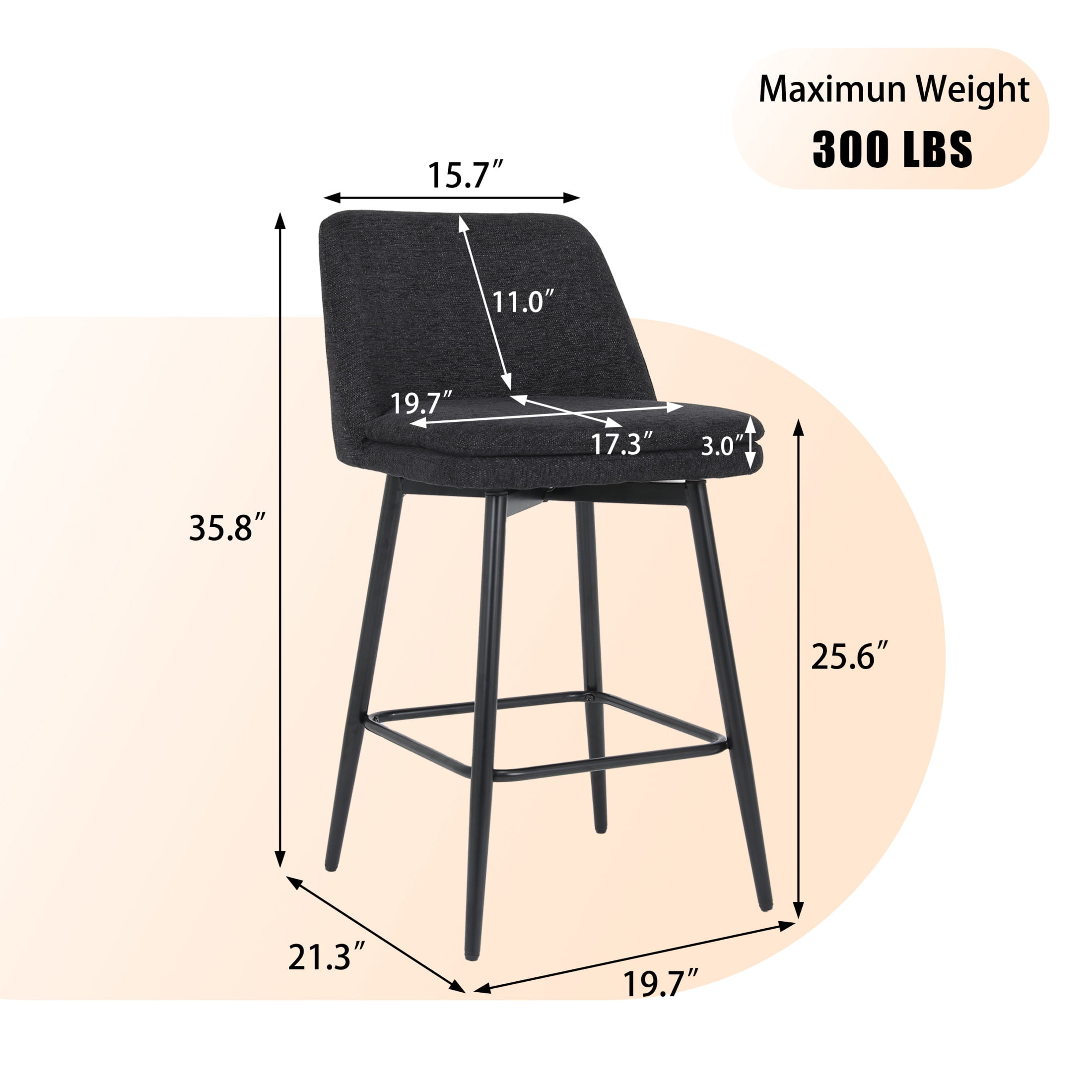 Noble House Bertis 360° Swivel Bar Stools, Upholstered Linen Kitchen Island Chairs with Metal Legs, Black, Set of 2