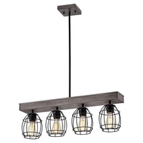 Kitchen Island Pendant Chandelier, 4 Lights Modern Farmhouse Lighting Fixture with Black and Wood Finish, Black Cage, Kitchen Island, Dining Room