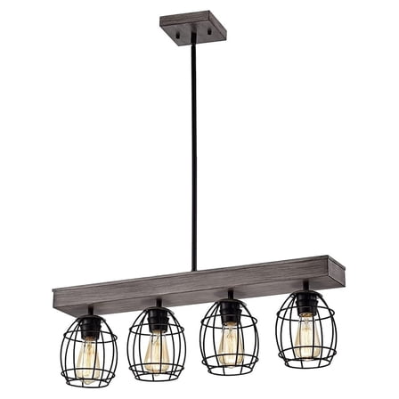 Kitchen Island Pendant Chandelier, 4 Lights Modern Farmhouse Lighting Fixture with Black and Wood Finish, Black Cage, Kitchen Island, Dining Room