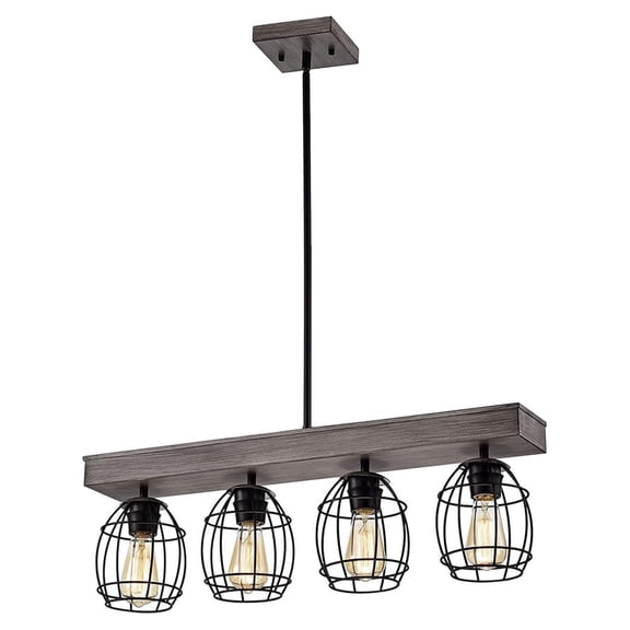 Kitchen Island Pendant Chandelier, 4 Lights Modern Farmhouse Lighting Fixture with Black and Wood Finish, Black Cage, Kitchen Island, Dining Room