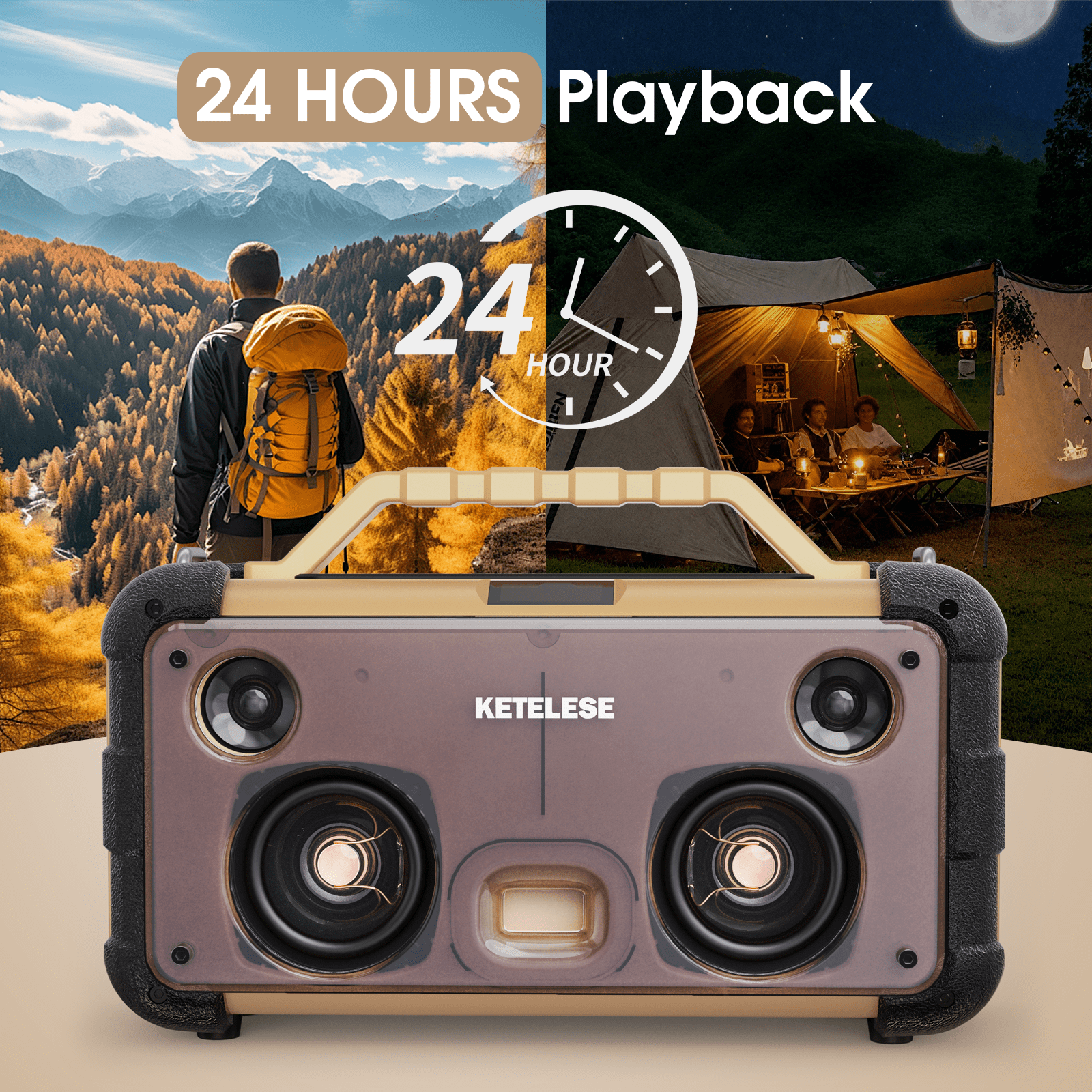 Unique CD Player with 4 Glass Diaphragms Speakers, Portable Bluetooth Speaker Powerful Sound, FM Radio/ AUX Audio/24H Playtime/ 2 Huge LED Lights/ TF Card Slot, for Camping/Backyard/Party