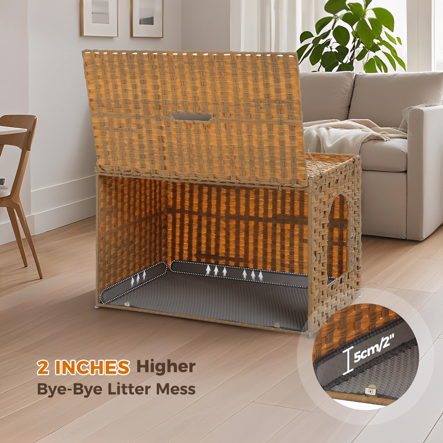 PEQULTI Rattan Cat Litter Box Enclosure Pet House with Taller Doorway for Large Cats Indoor Beige