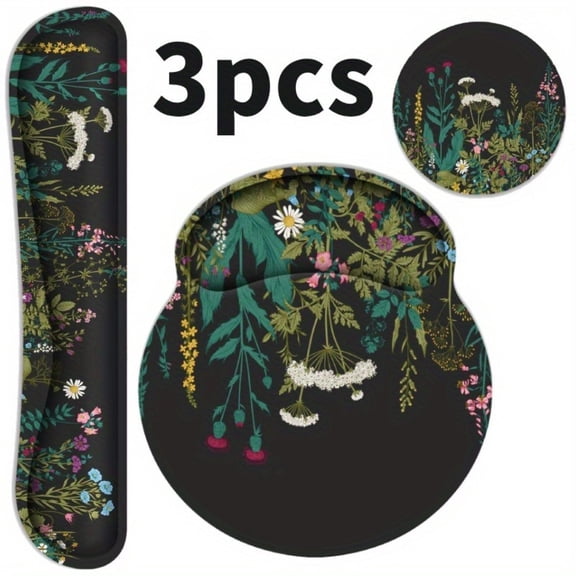 3pcs Ergonomic Mouse Pad with Wrist Rest and Keyboard Wrist Rest, Memory Foam Wrist Rest for Computer Keyboard, Easy Typing, Pain Relief, Mouse Pad Wrist Support for Gaming,Office, Black Flower