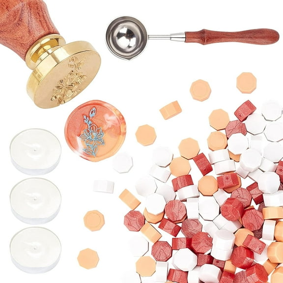 Seal Wax Stamp Kit 200Pcs Octagon Sealing Wax Beads with 25mm Brass Wax Seal Stamp Flower Wax Malting Spoon and 3Pcs Candles for Cards Envelopes Invitations and Gift Packaging(3 Colors) for DIY