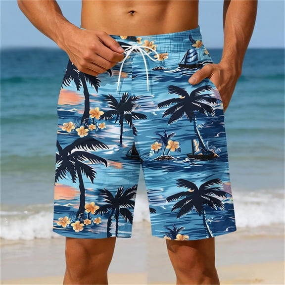 ZRGHAOYLQ Big and Tall Mens Hawaiian Beach Swim Trunks Quick Dry Cooling Shorts Tropical Palm Print Shorts Drawstring Elastic Waist Shorts with Pockets
