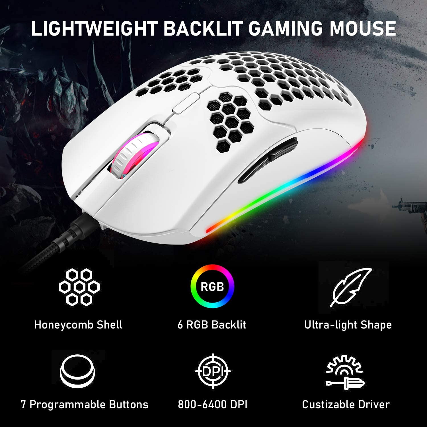 60% Wired Mechanical Gaming Keyboard, Blue Switch Mini 68 Keys Wired Type C 18 Backlit Effects,Lightweight RGB 6400DPI Honeycomb Optical Mouse,Gaming Mouse pad for Gamers and Typists (White)