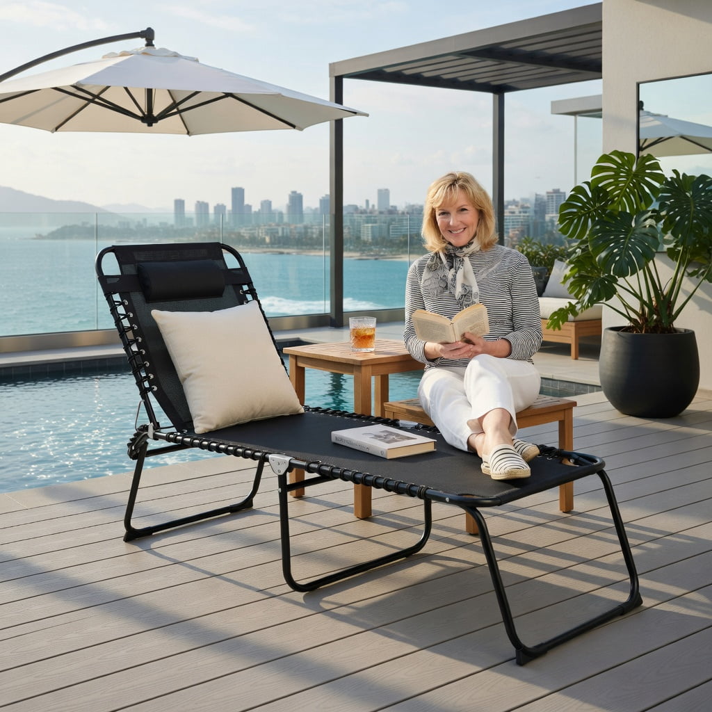 Hommoo Foldable Steel Beach Lounge Chair with Adjustable Backrest & Comfort Pillow, Heavy-Duty Outdoor Chaise for Patio, Lawn, Poolside, Black