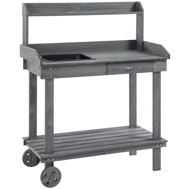Outsunny 36" Wooden Potting Bench Work Table with 2 Removable Wheels ...
