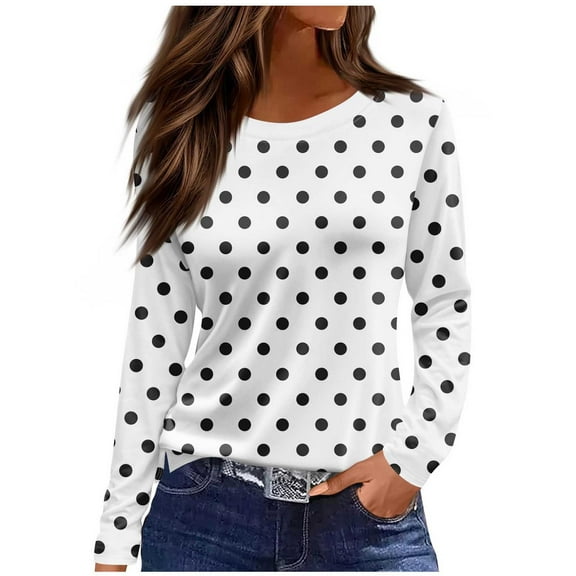biudgviw Womens Tops Casual Polka Dots Print Long Sleeve Tees Lightweight Comfy Side Split Crew Neck Shirts Fashion Clothes