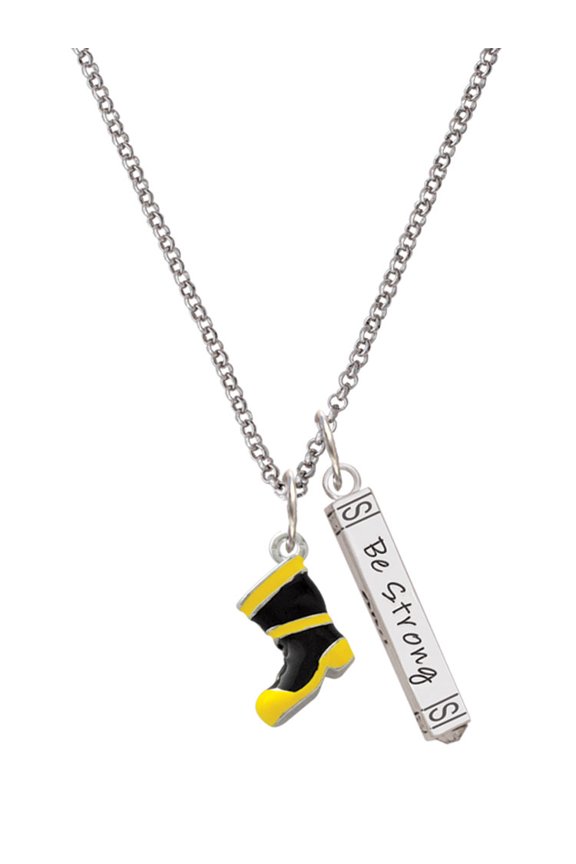 Silvertone Black and Yellow Firefighter Boot Silvertone Be Strong and Courageous Bar Charm Necklace, 23"