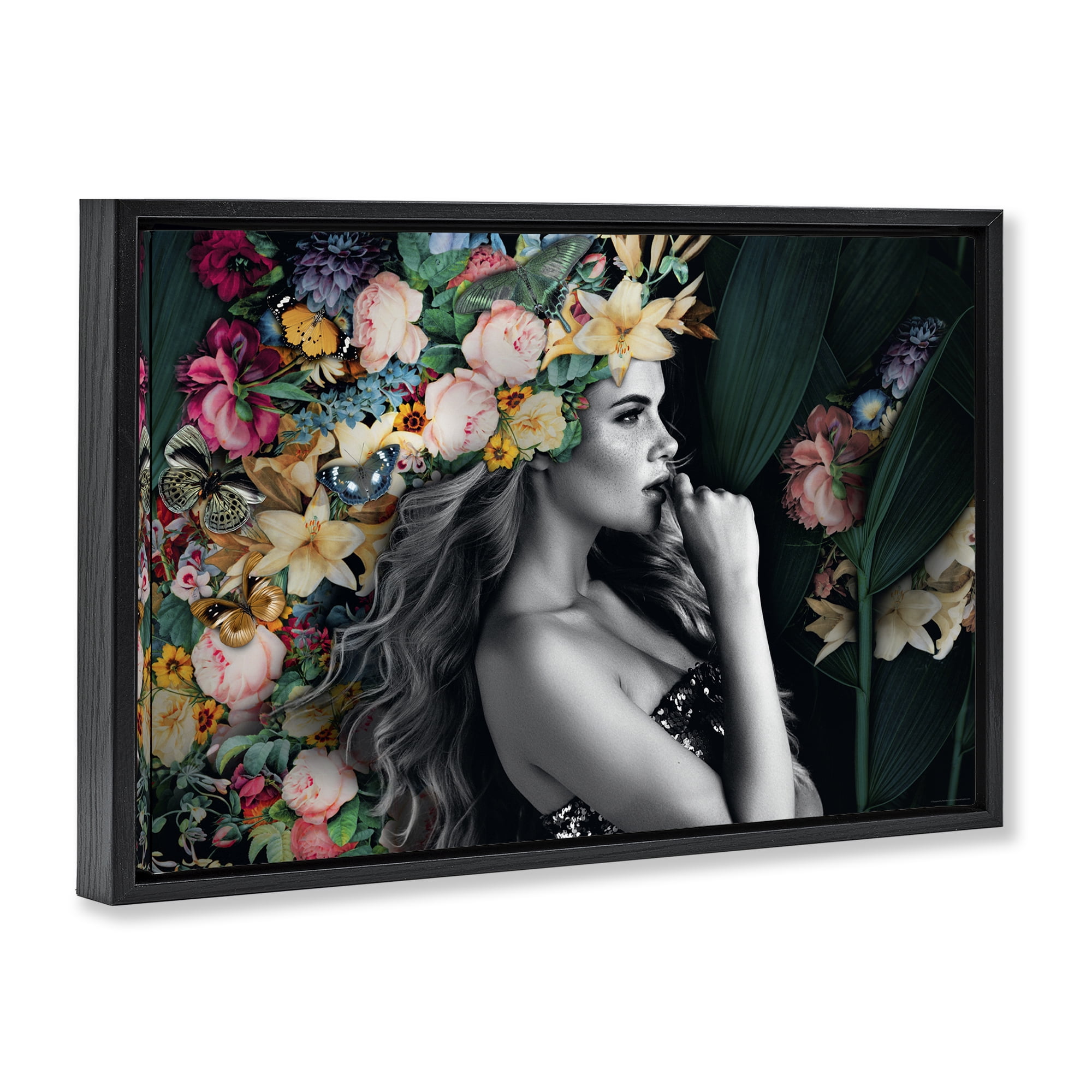 Stupell Industries Woman with Tropical Flowers Plants & Flowers Painting Black Floater Framed Canvas Art Print Wall Art, 25 x 17