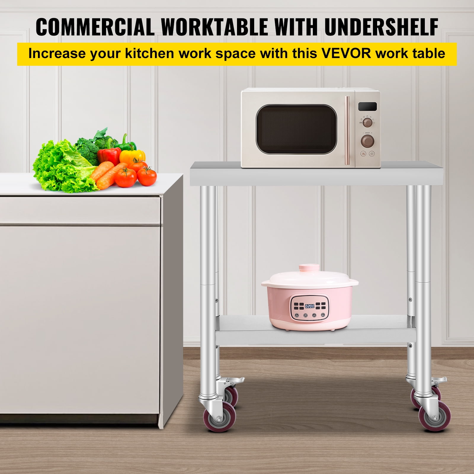 VEVORbrand 30 x 12 x 34 Inches Stainless Steel Work Table 3-Stage Adjustable Shelf with 4 Wheels Heavy Duty Commercial Food Prep Work Table with Brake for Kitchen