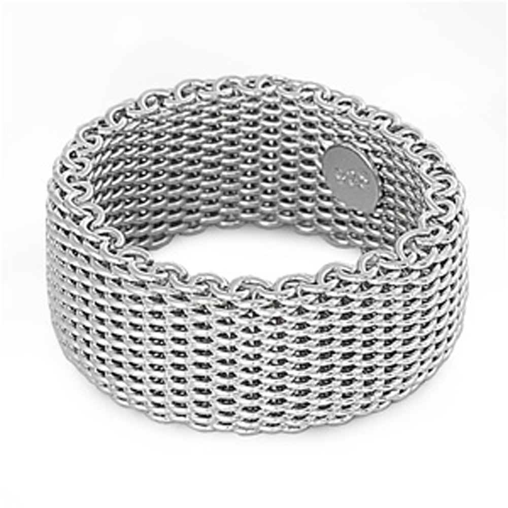 Black-Tone Wide Mesh Chain Link Wedding Ring New Stainless Steel Band Sizes 5-10