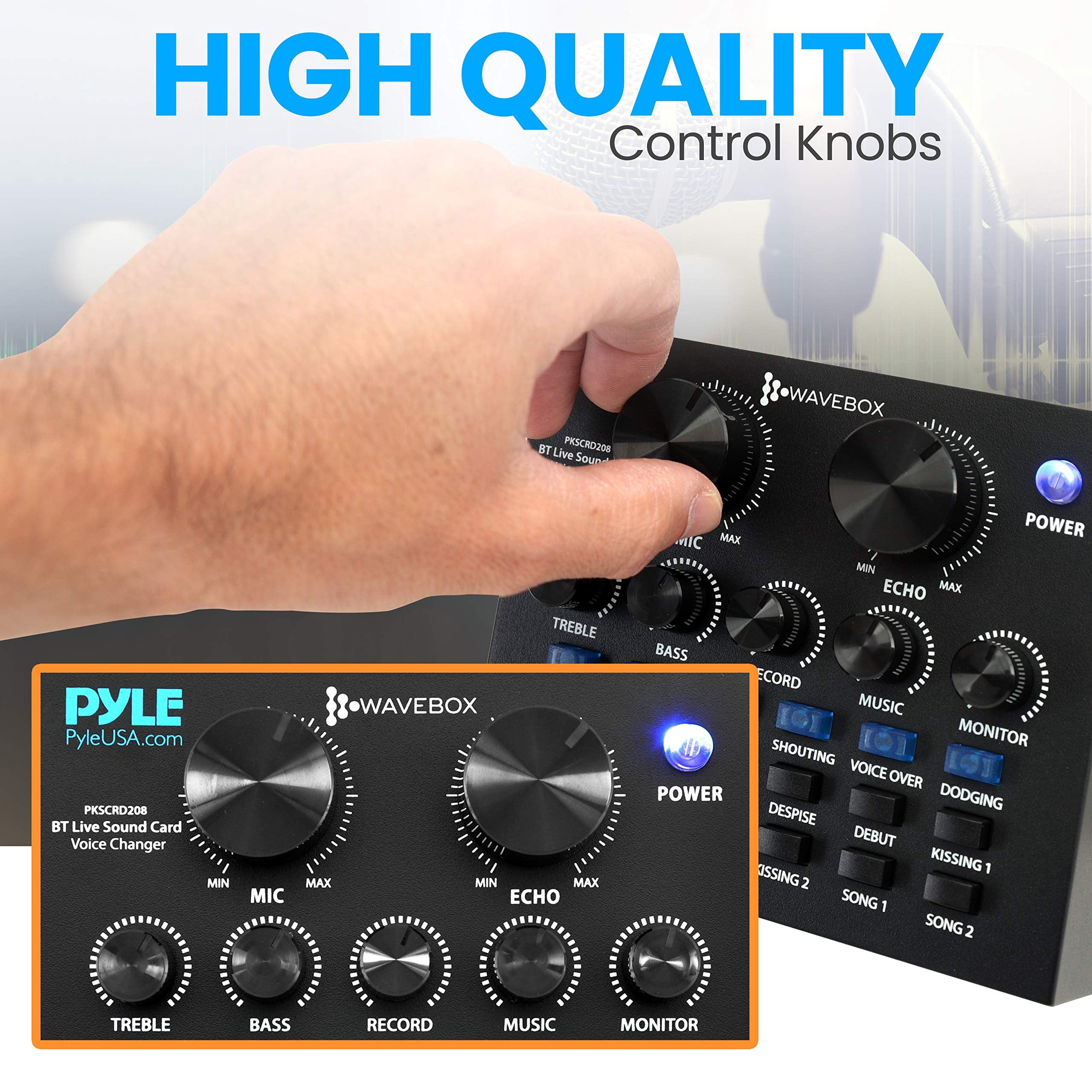 Pyle Bluetooth Mini Audio Podcast Mixer - Live Streaming For PC Computer iPhone Broadcasting Voice Changer V8 Sound Card with 12 Sound Effects,3 Inputs, Mic Input - PKSCRD208.5