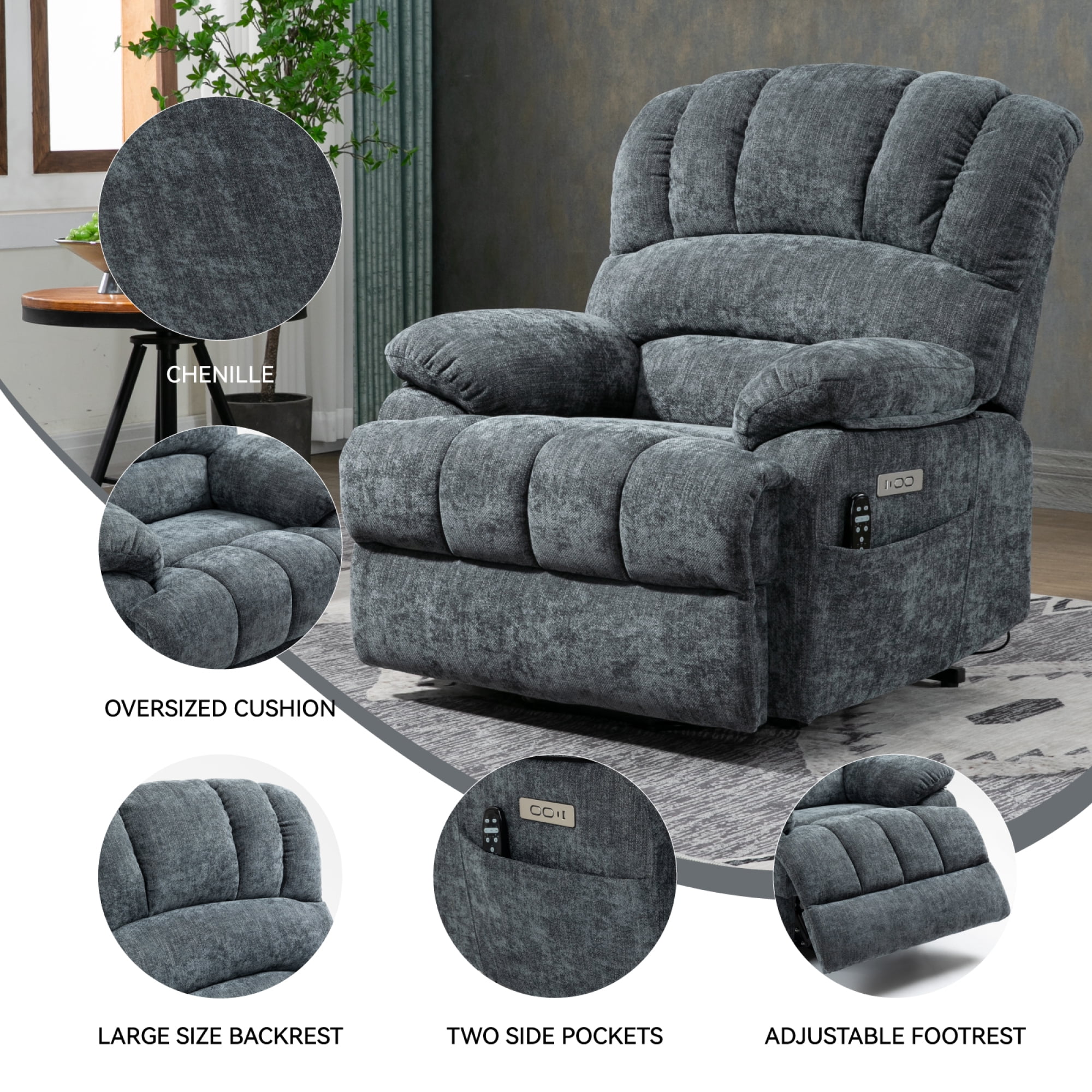 Leumius Power Lift Recliner Chair for Elderly with Vibration Massage and Lumbar Heating,23.5" Extra Wide Single Sofa with High Back,Side Pocket,USB Charge Port for Living Room,Blue-gray
