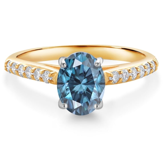 Gem Stone King 10K Yellow and White Gold Persian Blue Moissanite and White Lab Grown Diamond Engagement Ring for Women (1.56 Cttw, Oval 8X6MM, Gemstone Birthstone, Size 7)