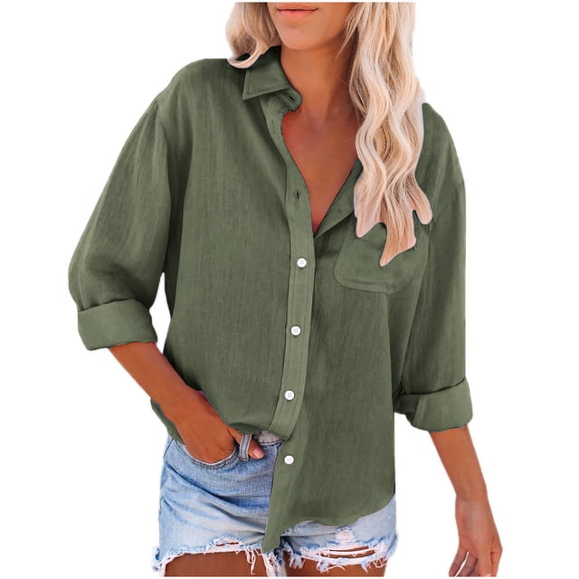 Meichang Chemise en Lin à Boutons pour Femme Basique à Manches Longues Col à Revers Hauts Unis Coupe Ample Blouses Habillées Décontractées Hauts en Coton et Lin