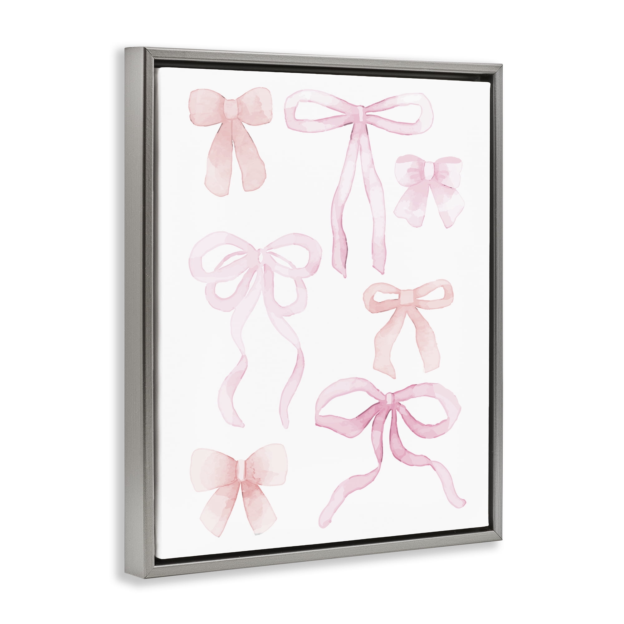 Pink Watercolor Bows Gray Framed Floater Canvas Wall Art, design by Kim Allen
