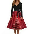 thumbnail image 4 of Women's Christmas Print Flare Dress with Snowflake, Christmas Tree and Snowman Pattern, Long Sleeve V-Neck Vintage Party Dress for Holiday Festive Occasions,Wine,Size M, 4 of 4