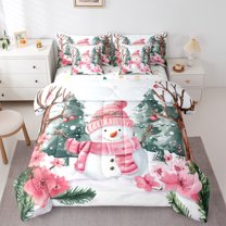 Manfei Cartoon Xmas Snowman 7-Piece Twin Bedding Sets,Rustic Flower Floral Bedding Comforter Set,Pink Green White Sheet Sets For Kids,Super Cozy Room Decor Reversible