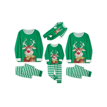 

EYIIYE Family Matching Christmas Pajamas Green Cartoon Elk Print Long Sleeve Tops Stripe Pants Jumpsuit Xmas Sleepwear Psj Outfits