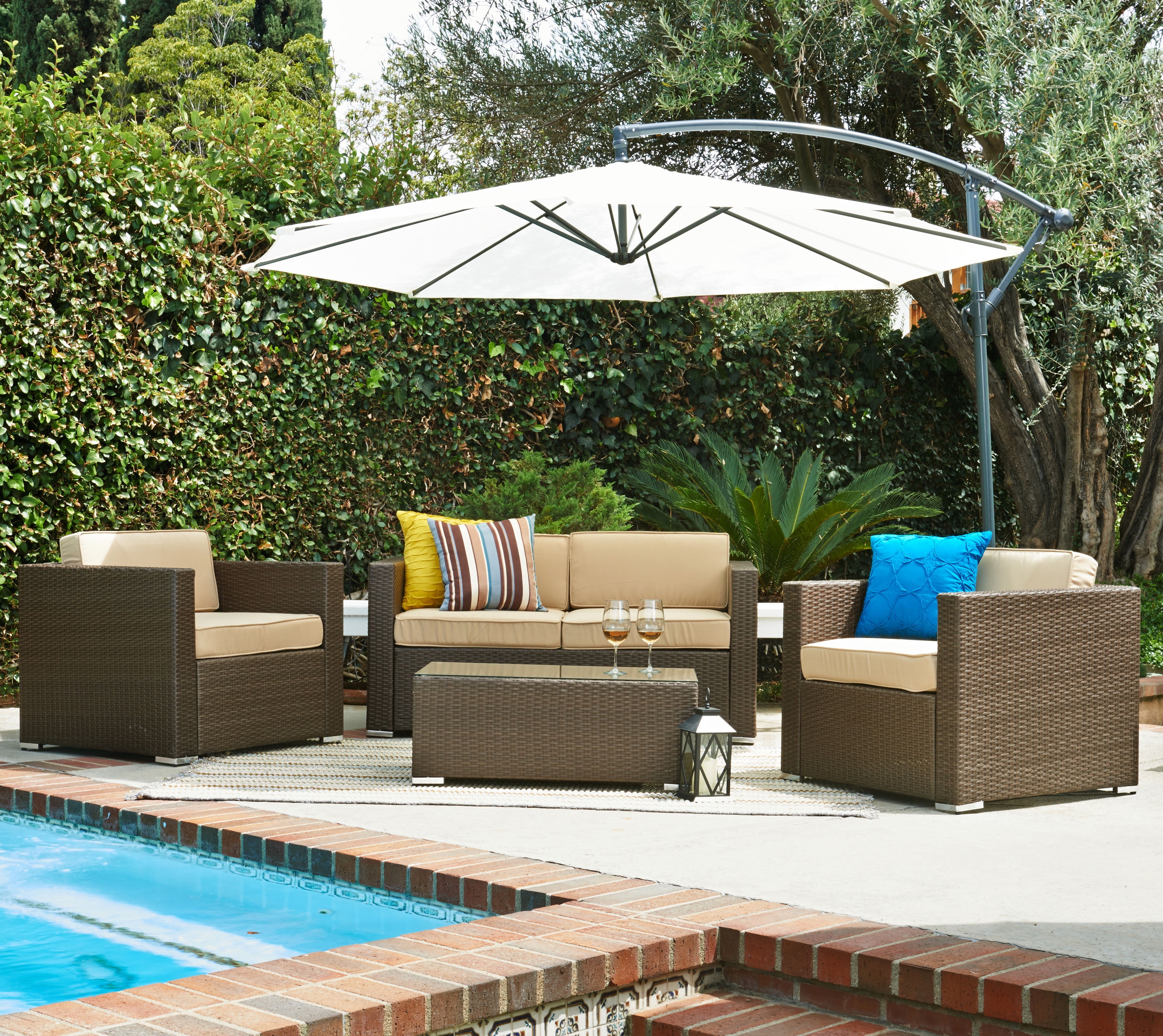Incadozo 5-Piece Outdoor Wicker Conversation Set, Rustic Dark Brown with Beige Cushions by Bestsign International Inc
