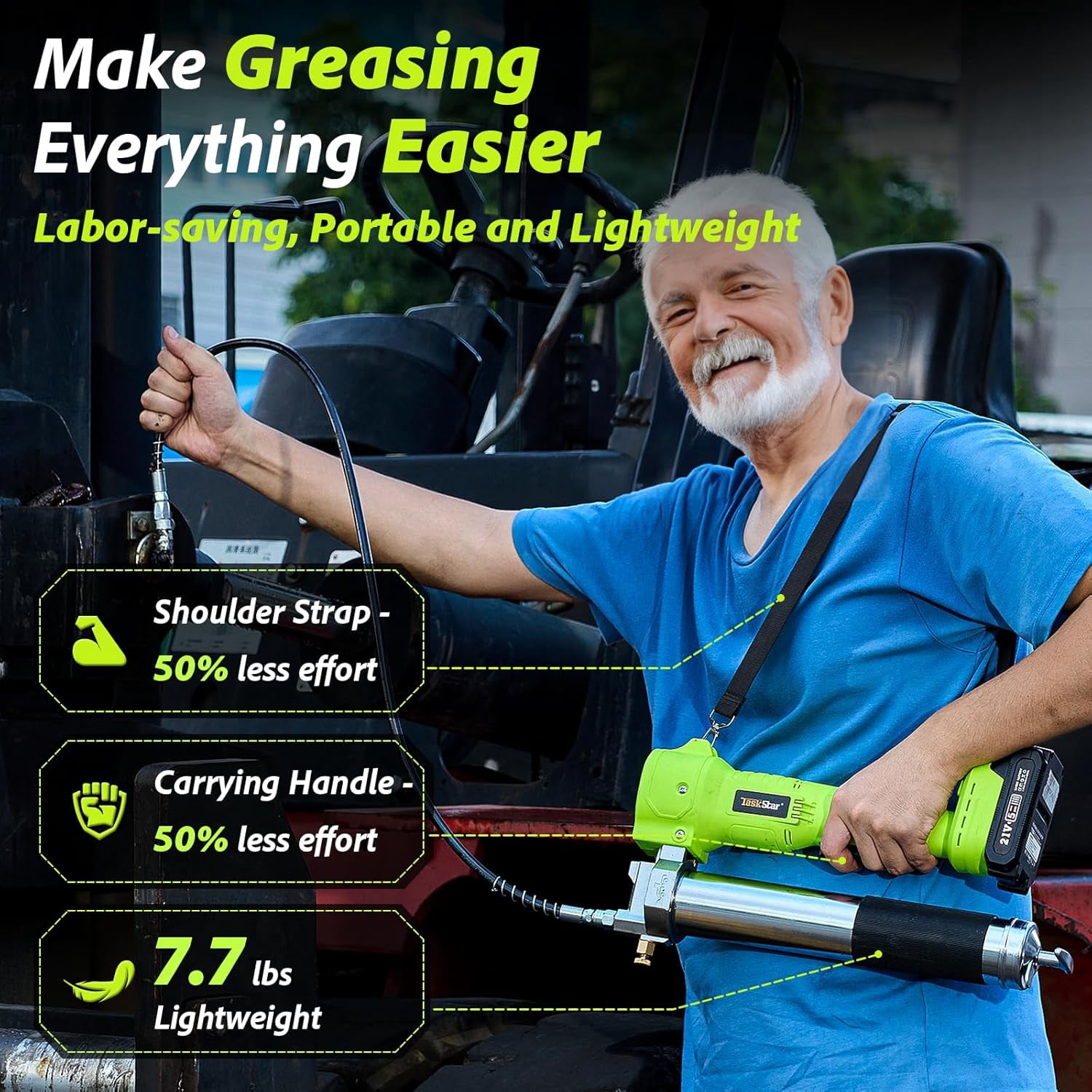 TaskStar Cordless Electric Grease Gun Kit, 10000 PSI High Pressure, 2 Batteries & Charger, 39.4 Inch Flexible Hose, Built-in Super Bright LED Work Light