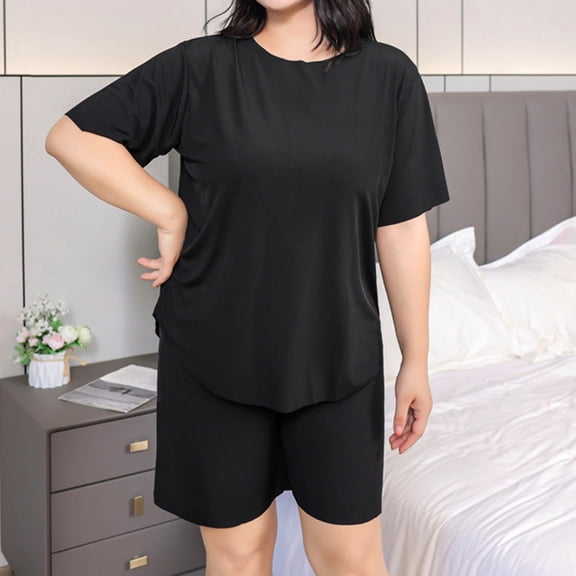 Ayolanni Womens Pajamas Sets Short Sleeve Plus Size Solid Tops and Shorts 2 Piece Loungewear Black Daily Lounge Sets XXL