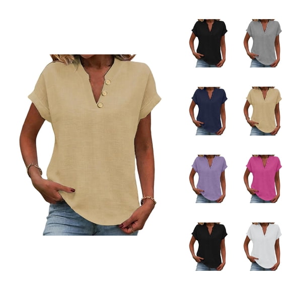 T Shirts for Women 2026 Summer Short Sleeve V Neck Cotton Linen Dressy Casual Office Work Tshirt Blouse