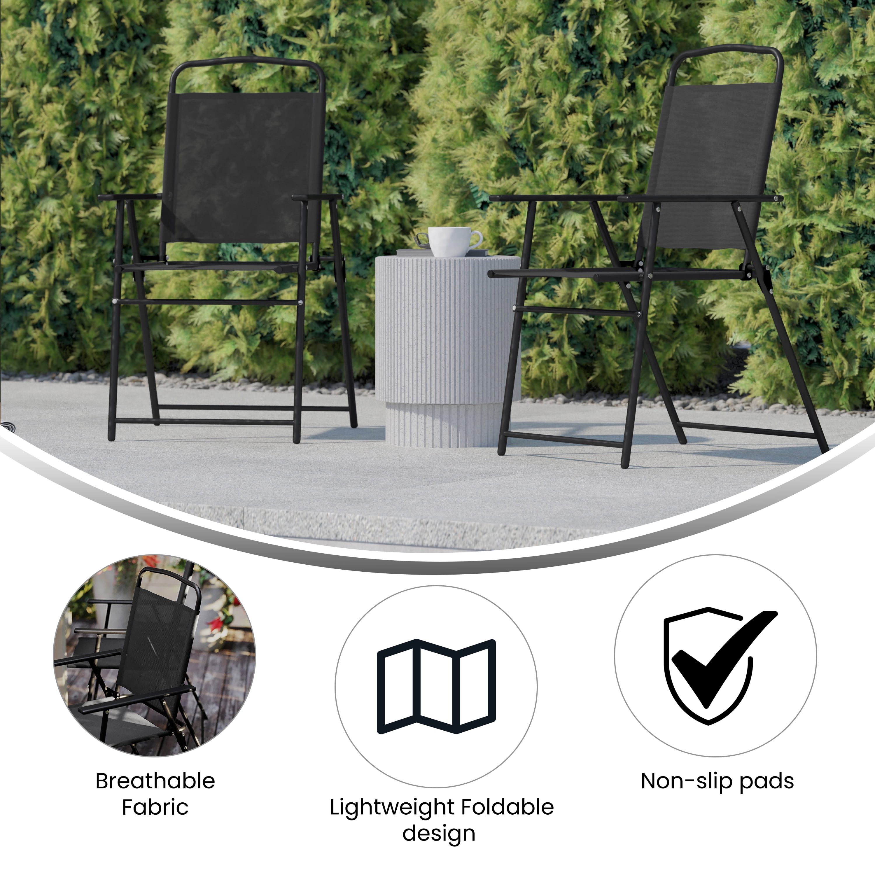 BizChair Set of 2 Folding Patio Sling Chairs, Outdoor Textilene Lawn Chairs with Armrests in Black