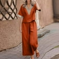 thumbnail image 3 of Scyoekwg Summer 2 Piece Outfits for Women Cotton Linen Solid Color Trendy Short Sleeve V-Neck Crochet Lace Trim Tops Wide Leg Pants Casual Sweatsuits Sets Loose Outfits (Brown,S), 3 of 5