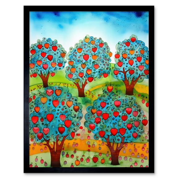 Apple Orchard Trees Ready For Harvest Folk Art Landscape Watercolour Painting Art Print Framed Poster Wall Decor 12x16 inch