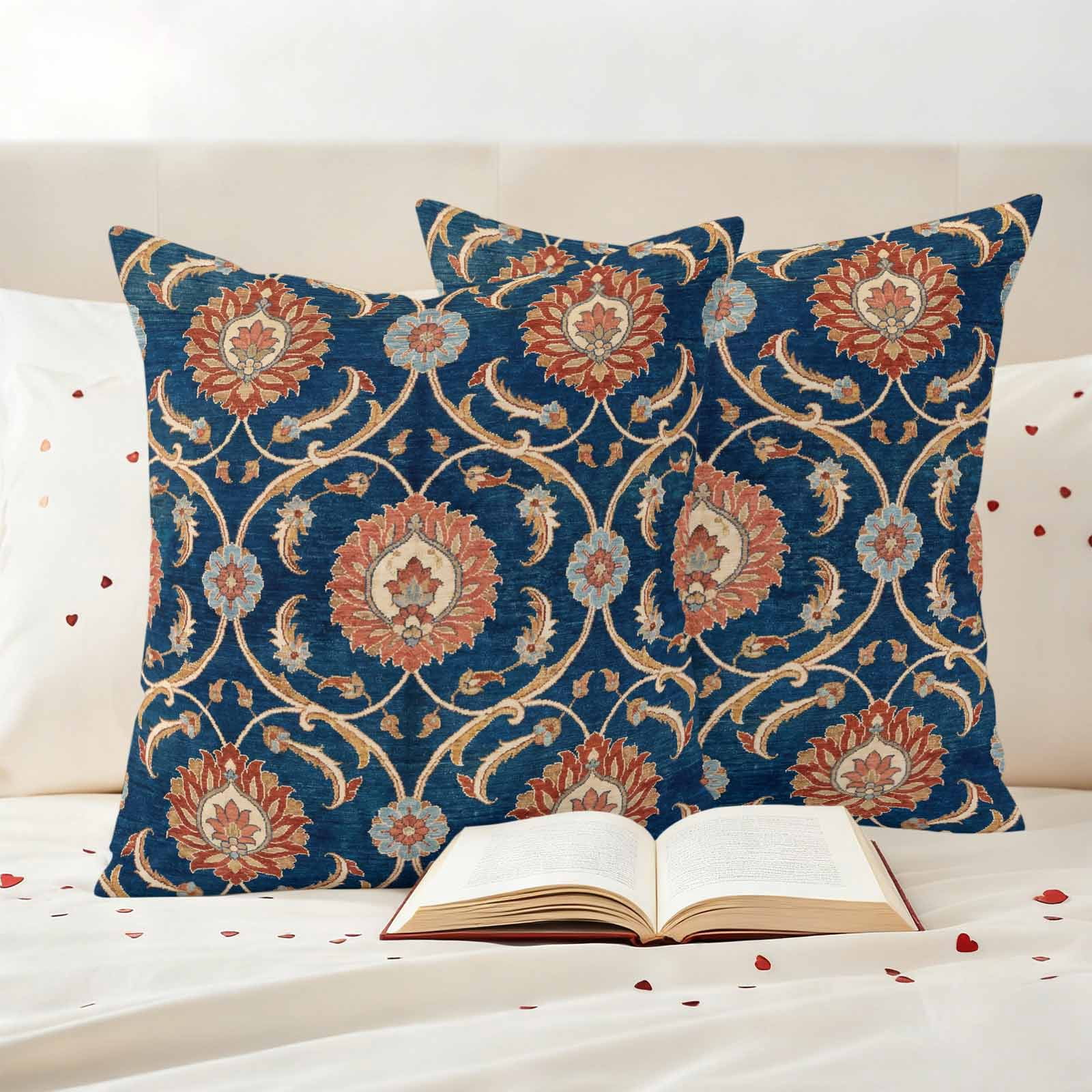 Flower Pattern Outdoor Pillow Covers Set of 2 Vintage Orange Classic Floral Country Navy Blue Waterproof Throw Pillow Cover Decorative Cushion Cases for Patio Porch Garden 20X20 Inch