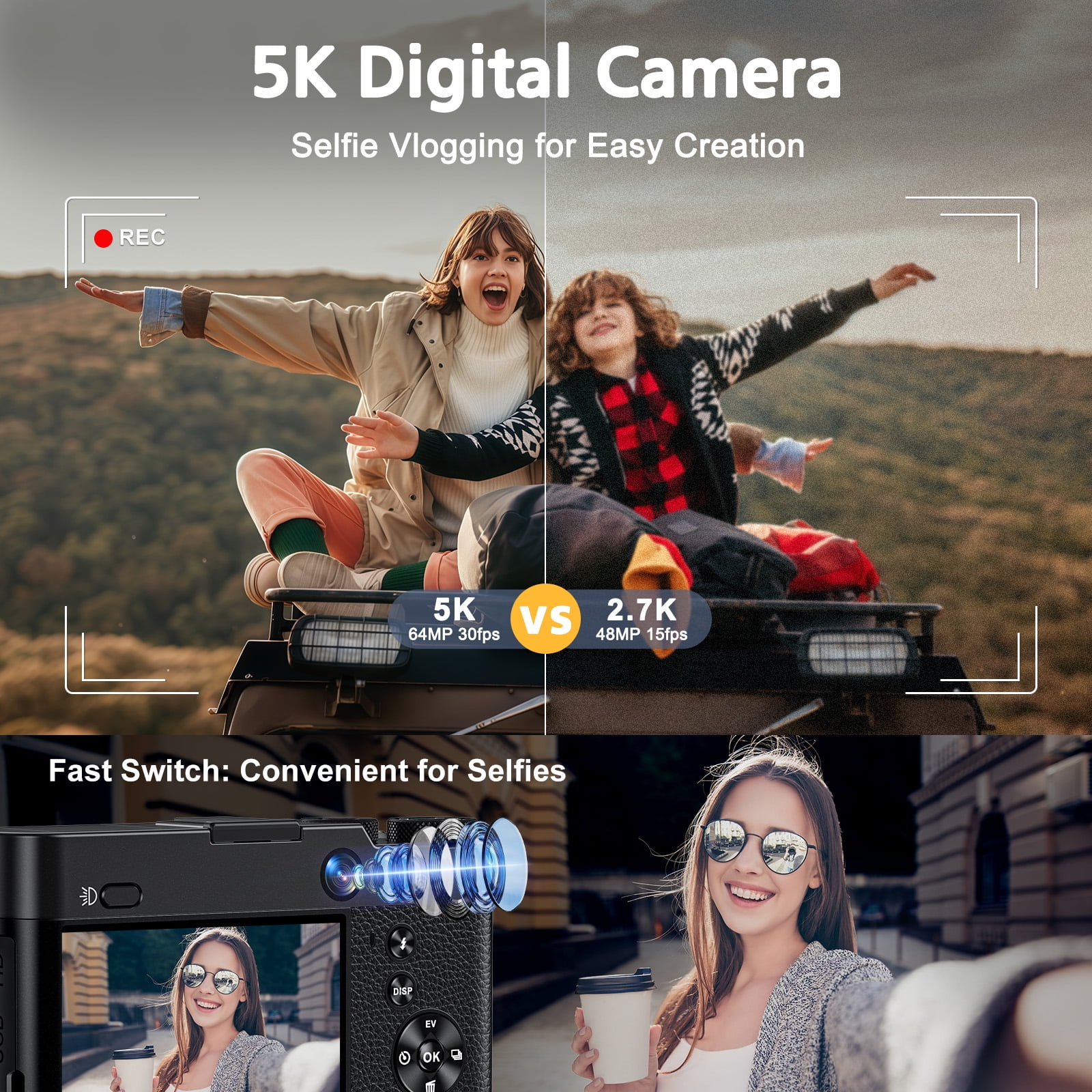 5K Digital Camera,64MP Vlogging Camera, Rear and Front Cameras for Photography and Video, Autofocus & Anti-Shake, Travel Selfie for YouTube with Flash Dial 64GB Card