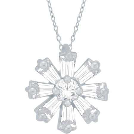 0.30 Carat T.W. Round And Baguette Diamond Flower Pendant, 10kt White Gold, 18 Chain