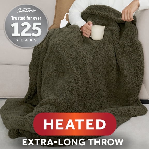 Sunbeam Electric Heated Throw Blanket Khaki Faux Shearling Foot Pocket 4 Heat Settings, 50x70