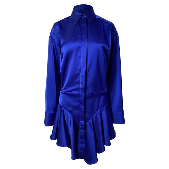 Pre-Owned The Attico Tartan Candice Pleated Satin Mini Shirt Dress in Blue Polyester