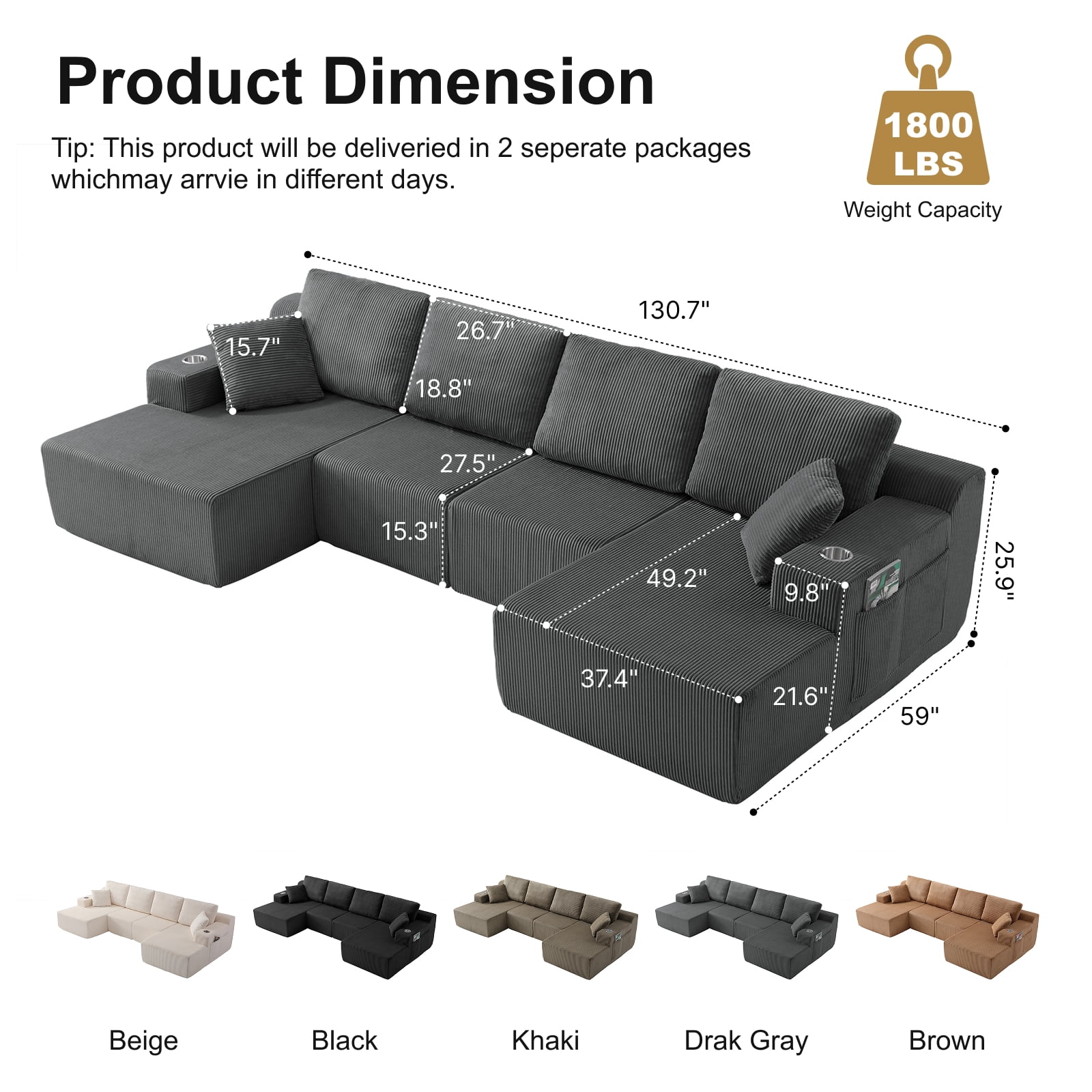 130" U-Shaped Boneless Modular Sectional Sofa with Chaise, 6 Pillows and Cup Holders