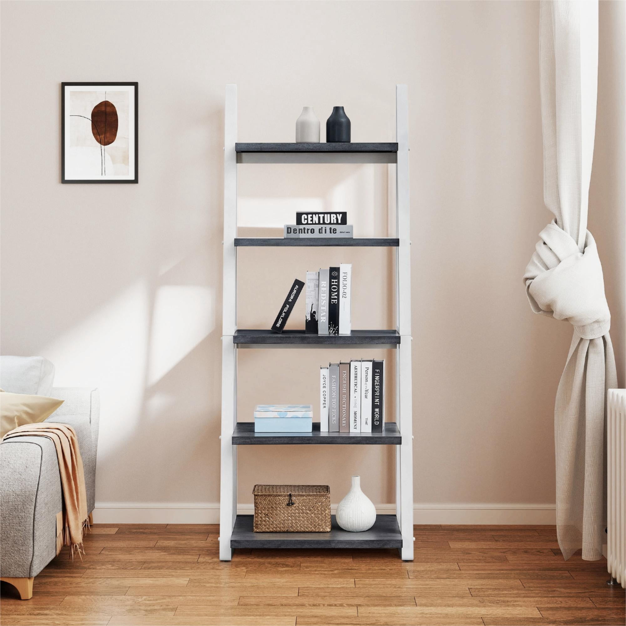 5-Tier Bookshelf,Modern Ladder Bookcase,5 Shelves Storage Rack Ladder Shelf for Living Room, Home Office,White