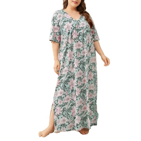 

Casual All Over Print V neck Sleepshirts Multicolor Elbow-Length Plus Size Nightgowns & Sleepshirts S