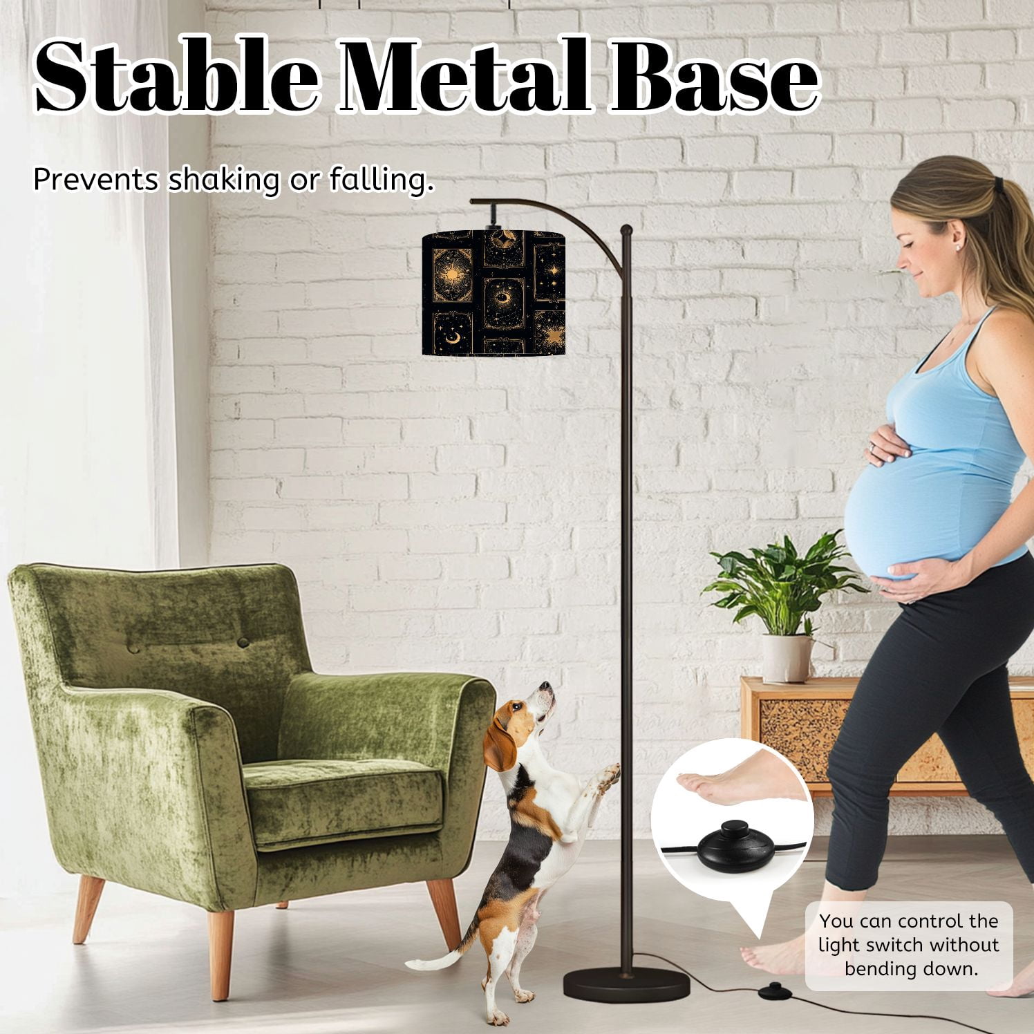 Arc Floor Lamp with Adjustable Lampshade Celestial Sun Moon Stars Gold Black Mystical Standing Lamp 3 Color Temperatures Dimmable Tall Pole Lamp with Foot Switch for Bedroom Reading Room