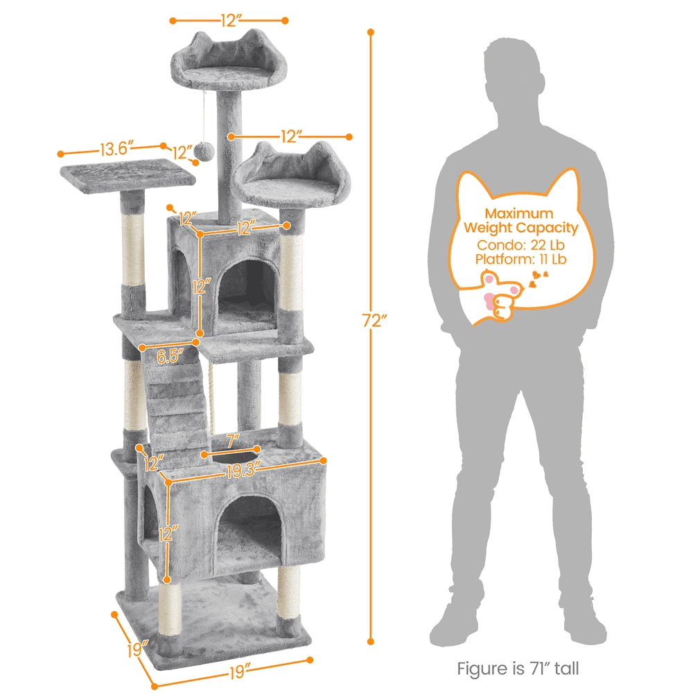 Alden Design 72″ H Multi-Level Large Cat Tree with 2 Cozy Perches for Medium Cats, Light Gray