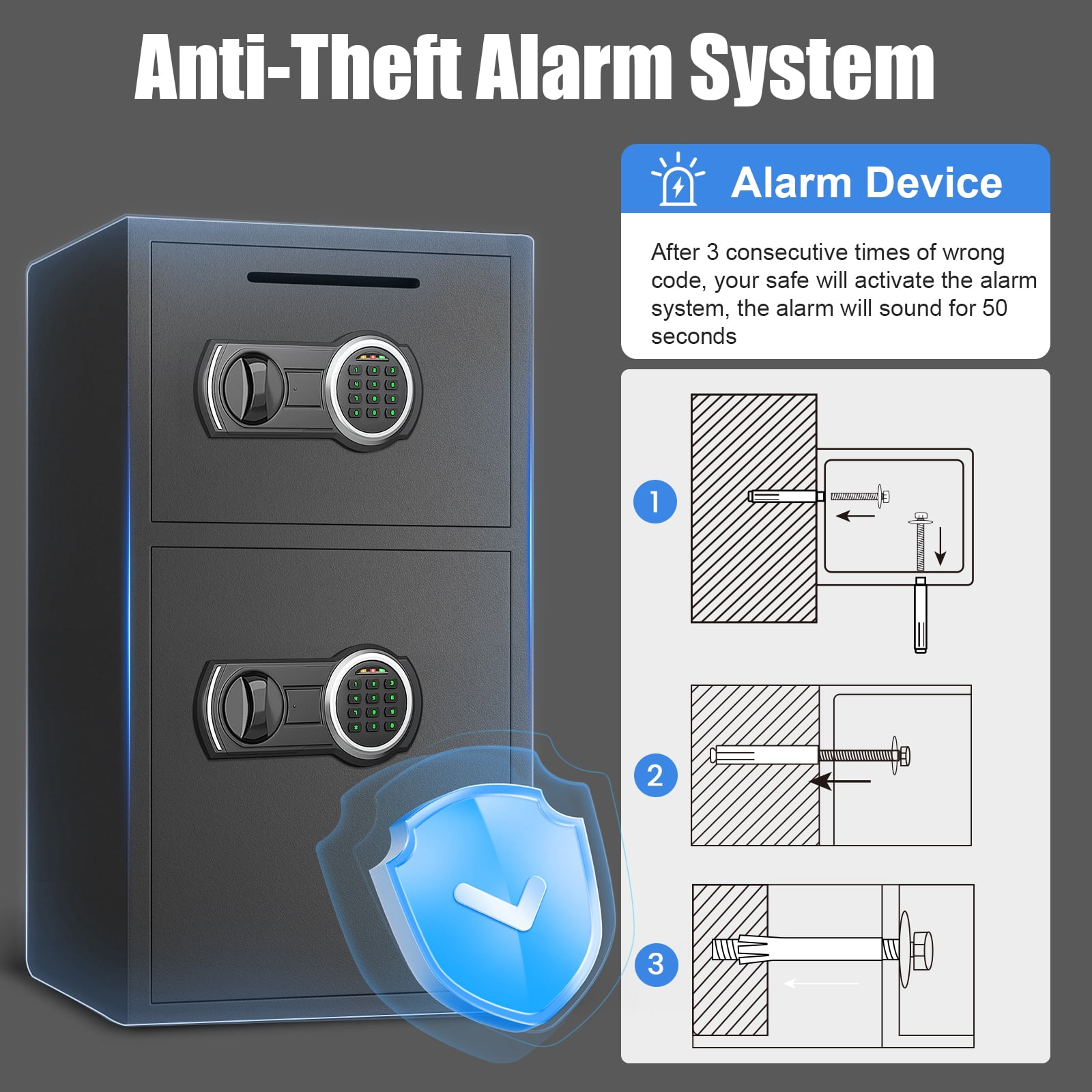 Double Door Depository Safe Box with Drop Slot - Digital Security Cabinet with Dual Keypads, Backlit Keypad, Alarm & Adjustable Shelf for Home, Office, Business - Heavy Duty Alloy Steel