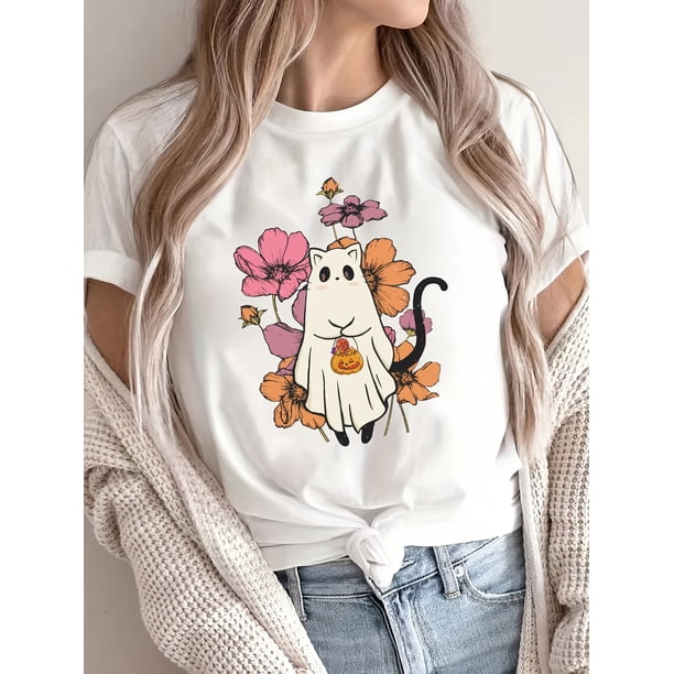Women's Halloween Print T-Shirt - Cute Cartoon Cat & Pumpkin Design, Vibrant Yellow Short Sleeve Crew Neck Casual Top, Breathable Mid-Stretch Fabric for Spring & Summer, Halloween Clothes