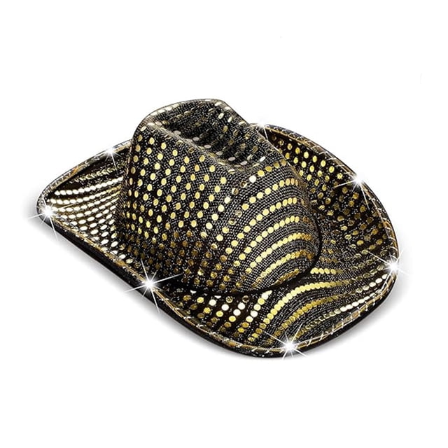 Sombrero de vaquero negro con lentejuelas doradas y luces LED