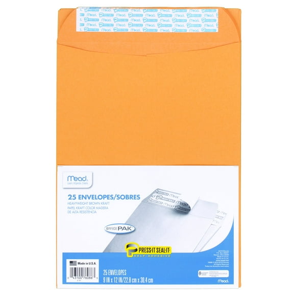 Mead Press-It Seal-It Envelopes Office Pak 9 x 12 Brown Kraft 25 Count -