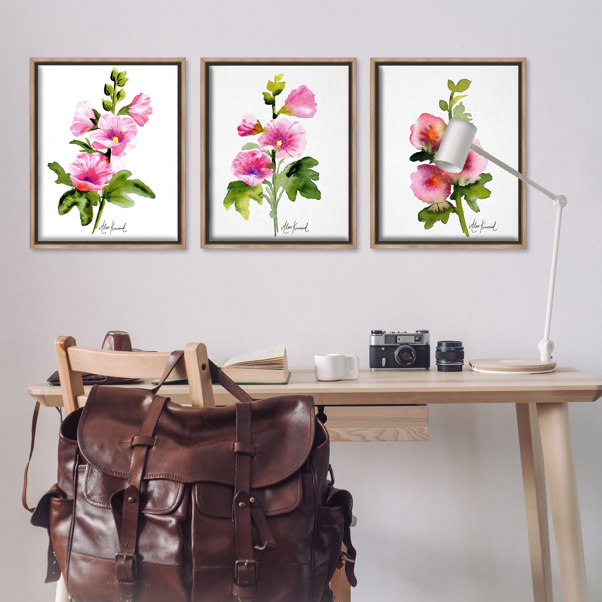 Stupell Industries Pink Flower Watercolors Botanical & Floral Painting Brown Floater Framed Canvas Art Print Wall Art, 25 x 31, Set of 3
