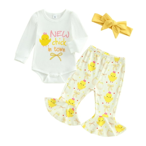Qmyliery Baby Girls Spring Clothes Long Sleeve Letter Print Romper with Chick Pattern Flare Pants and Headband 1 3 6 12 Months
